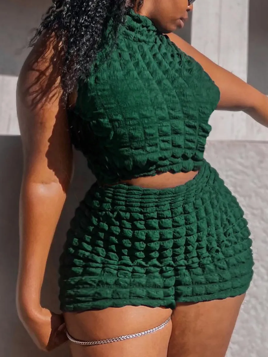 Textured Sleeveless High-Neck Crop Top and Shorts Two-Piece Set