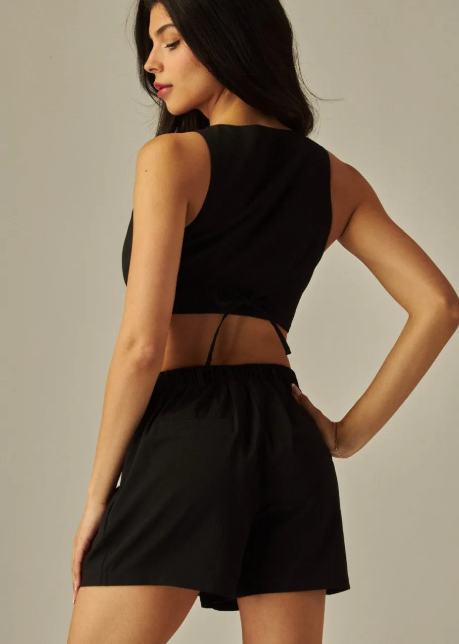 Textured Woven Vest With Pleated Short Set