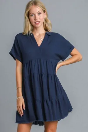 Tiered Dark Navy Dress with Raw Hem &#x26; Folded Sleeves You'll Love in 2025