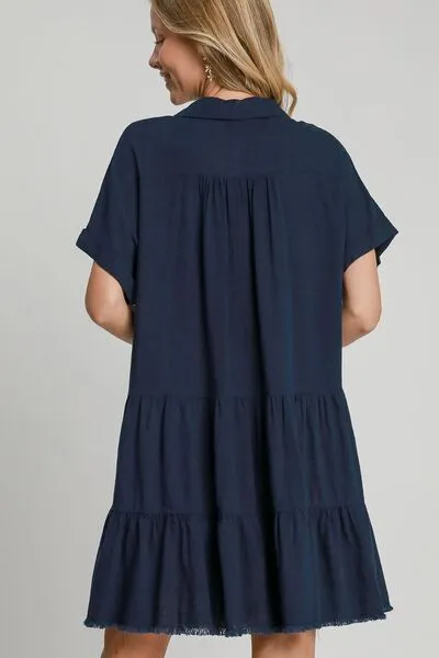 Tiered Dark Navy Dress with Raw Hem &#x26; Folded Sleeves You'll Love in 2025