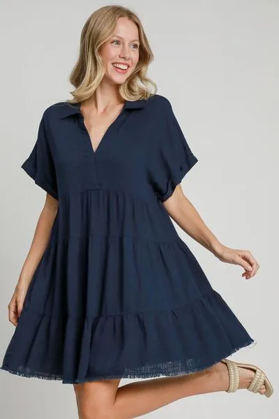 Tiered Dark Navy Dress with Raw Hem &#x26; Folded Sleeves You'll Love in 2025