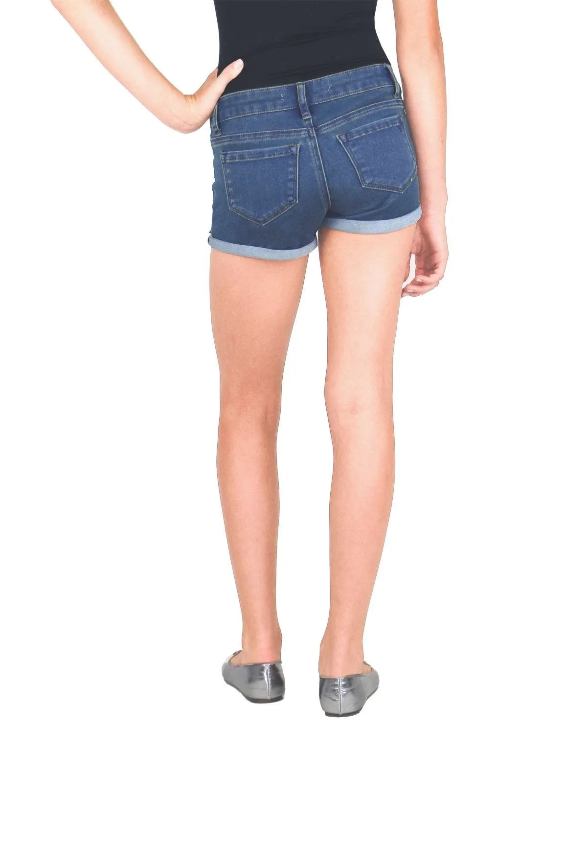 Tractr Girls 5 Pocket Mini Roll Hem Denim Shorts - Indigo (7-14)