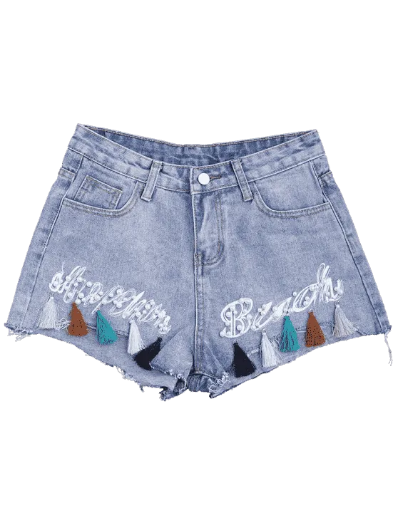 Trendy Cutoffs Tassels Beaded Embroidered Denim Shorts