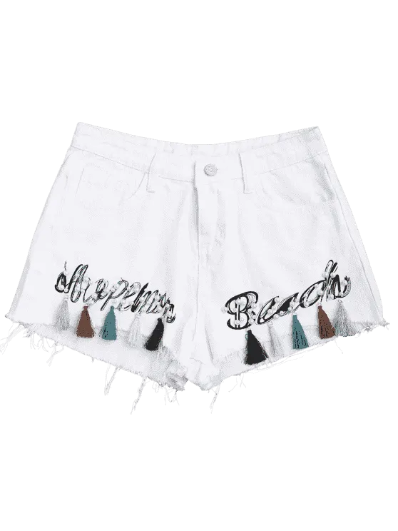 Trendy Cutoffs Tassels Beaded Embroidered Denim Shorts