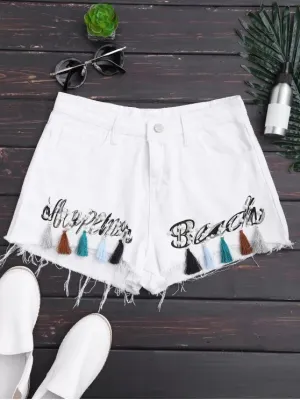 Trendy Cutoffs Tassels Beaded Embroidered Denim Shorts