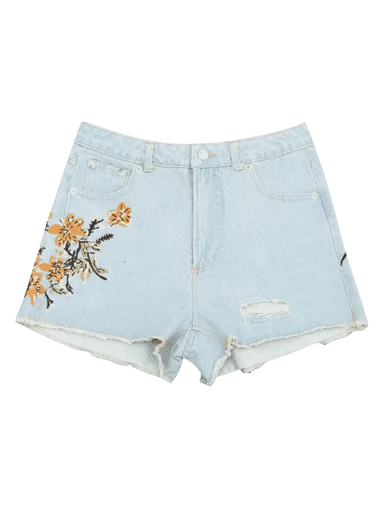 Trendy Destroyed Cutoffs Floral Embroidered Denim Shorts