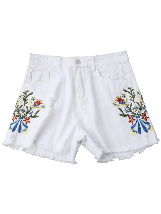 Trendy Embroidered Frayed Hem Ripped Denim Shorts