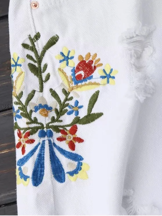 Trendy Embroidered Frayed Hem Ripped Denim Shorts