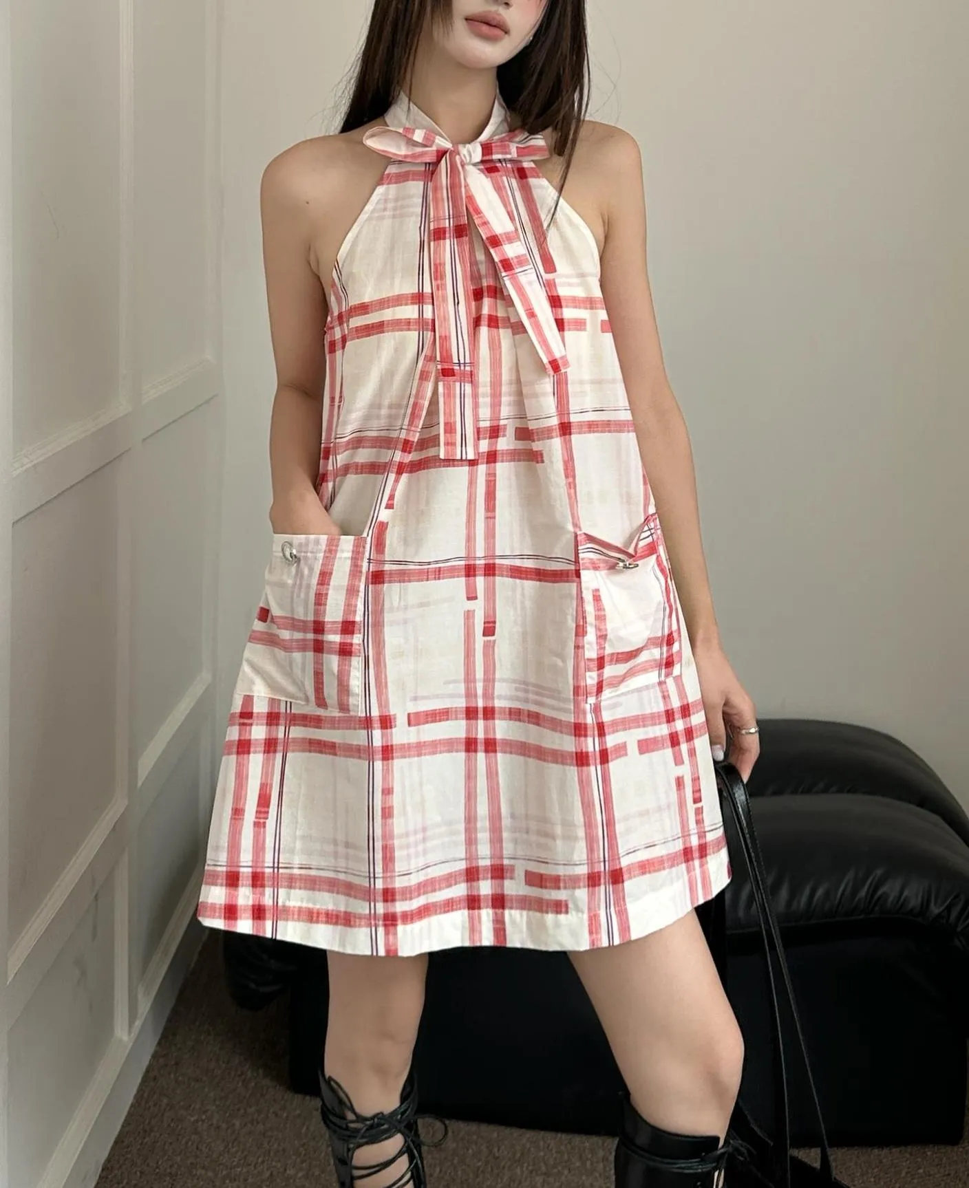 Trendy Mini Dress in Striped Pattern with Bow Tie Neckline