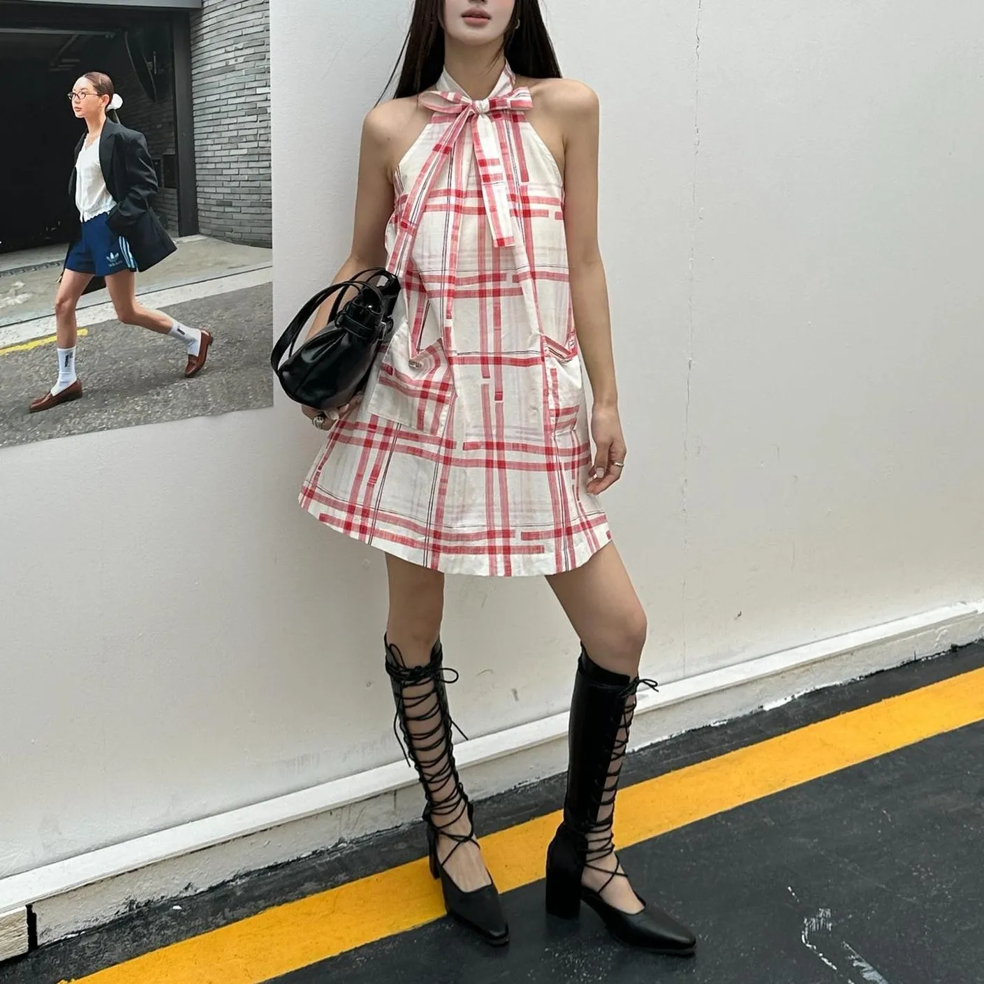 Trendy Mini Dress in Striped Pattern with Bow Tie Neckline