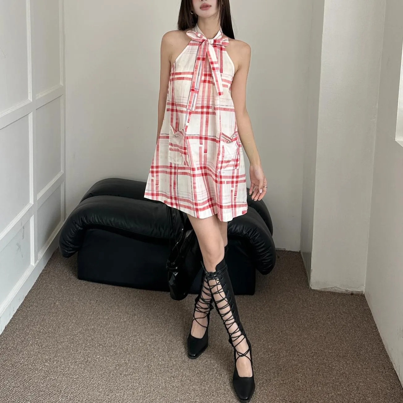 Trendy Mini Dress in Striped Pattern with Bow Tie Neckline