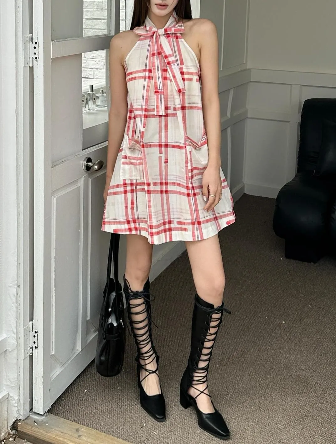 Trendy Mini Dress in Striped Pattern with Bow Tie Neckline