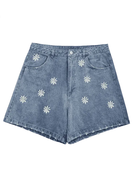 Trendy Ripped Daisy Embroidered Denim Shorts