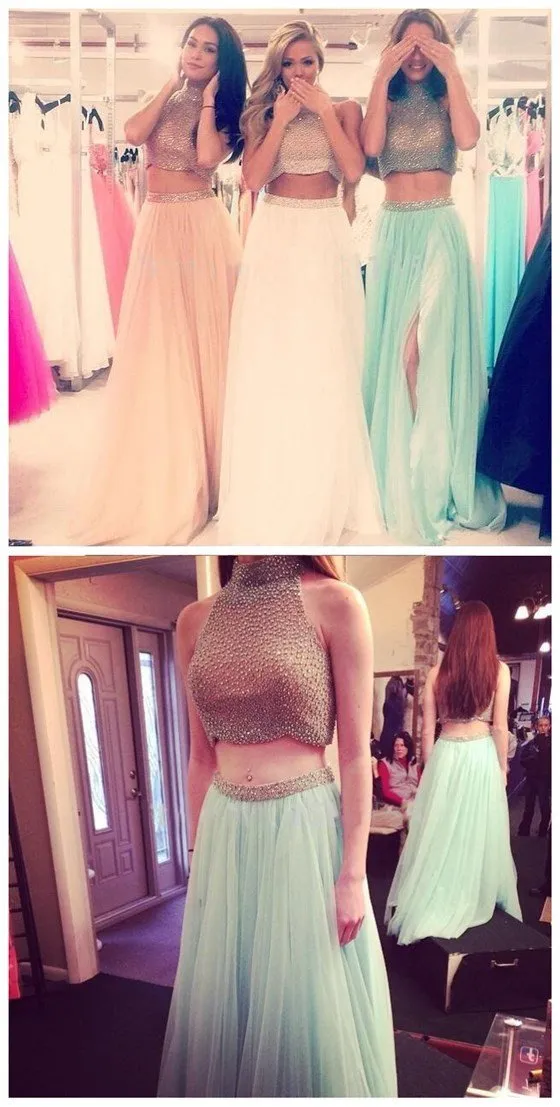 Two Pieces High Neck Side Slit Beaded Tulle Prom Dresses, BG0019