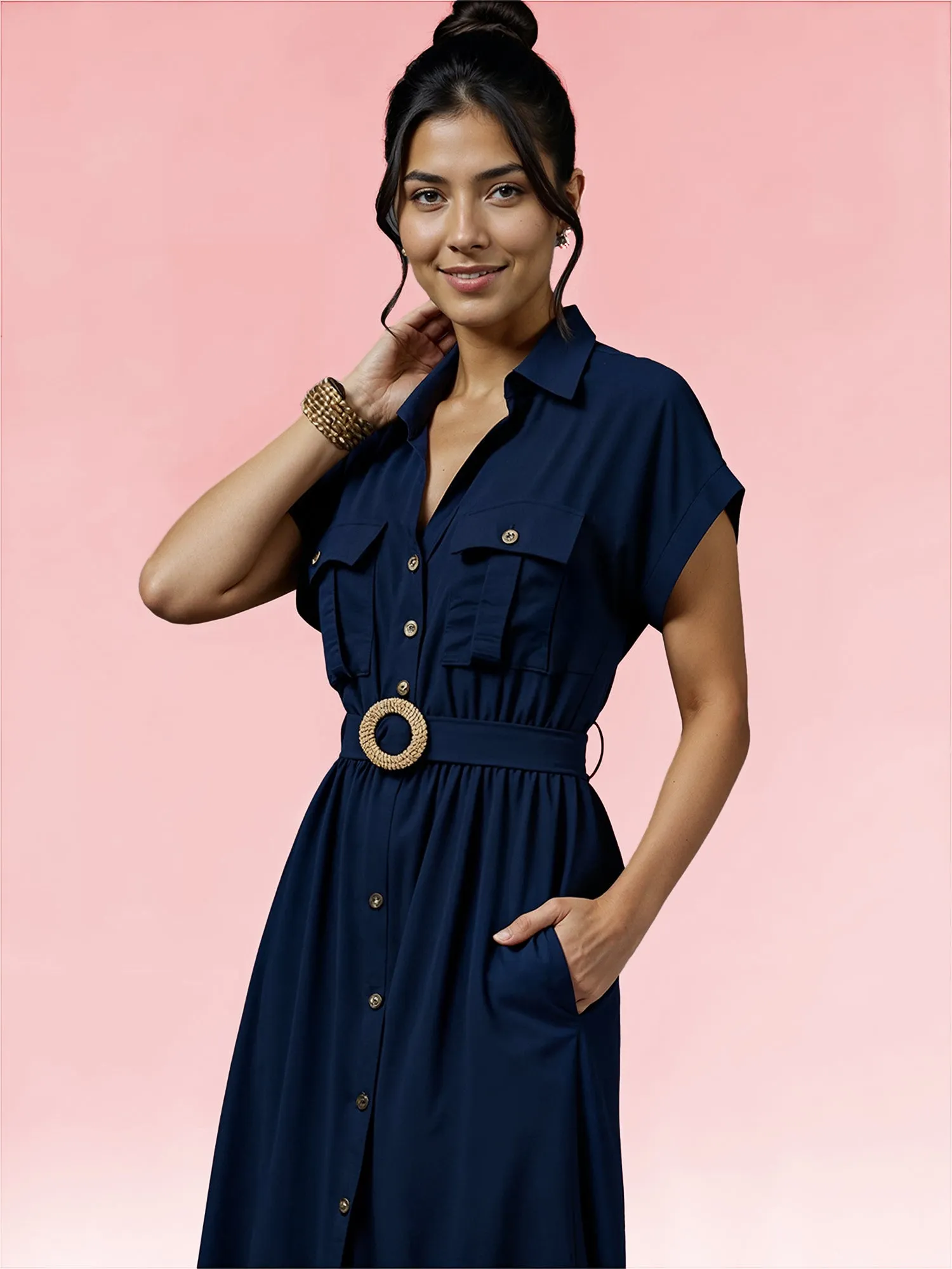 Two Pocket Button Down Shirt Midi Dress