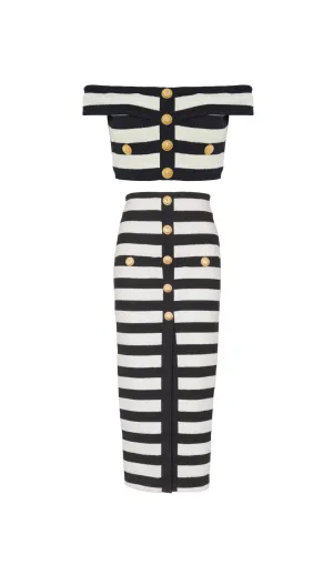 TWO-TONE EMBELLISHED KNITTED CROPPED TOP SKIRT SET