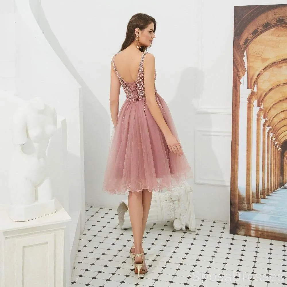 V Neck Dusty Pink Tulle Beaded Short Homecoming Dresses Online, Cheap Short Prom Dresses, CM845