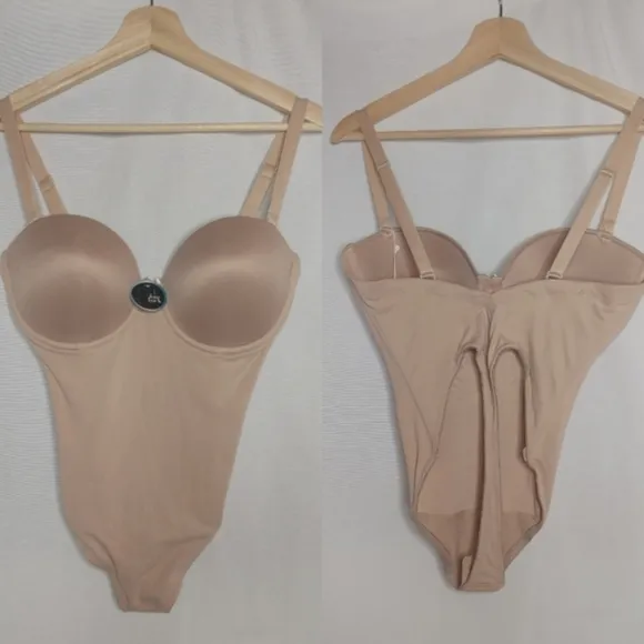 Va Bien Low Back Backless Thong Bodysuit Shapewear Nude Beige 34D 1509 NEW