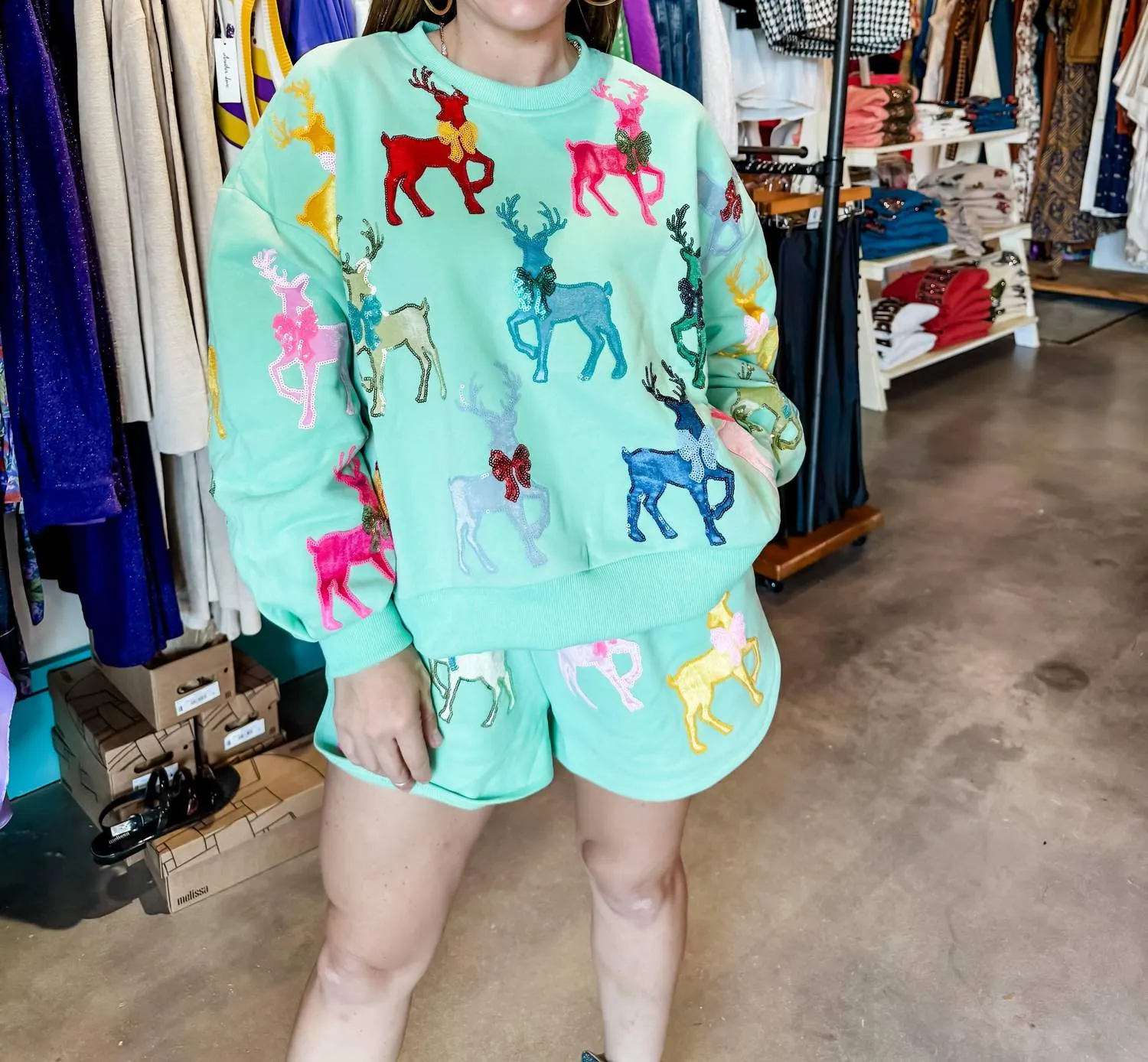 Velvet Reindeer & Bows Shorts In Mint Green