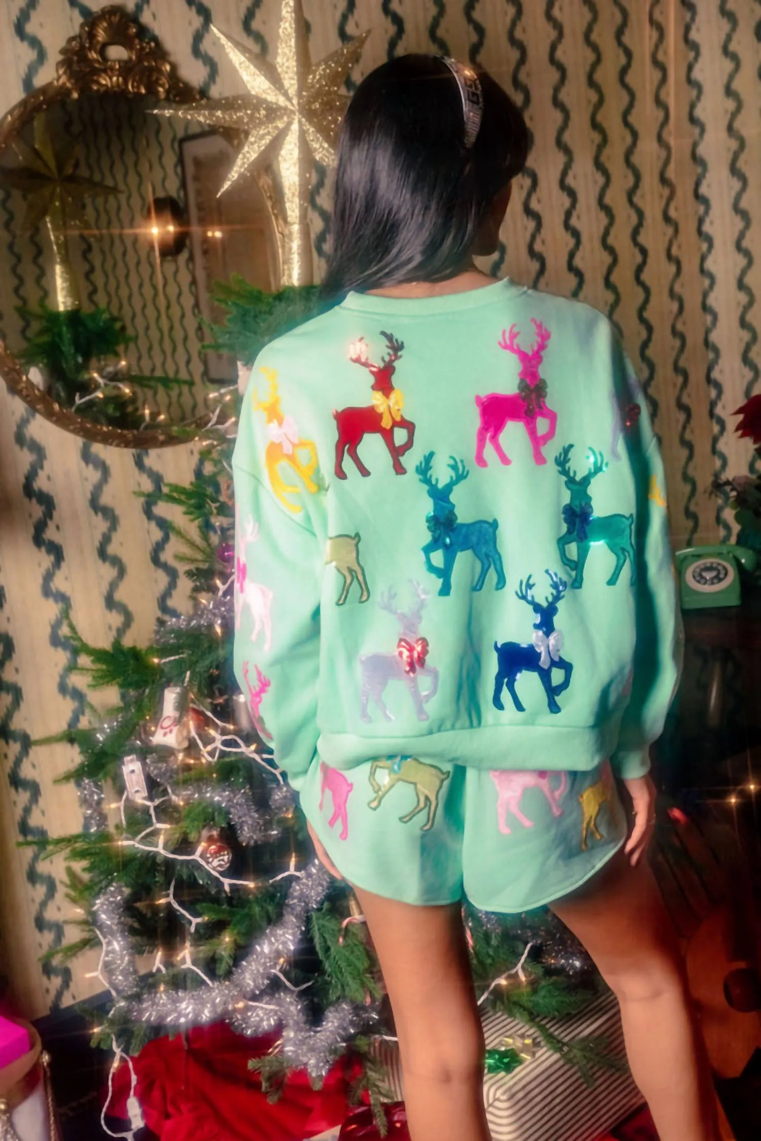 Velvet Reindeer & Bows Shorts In Mint Green