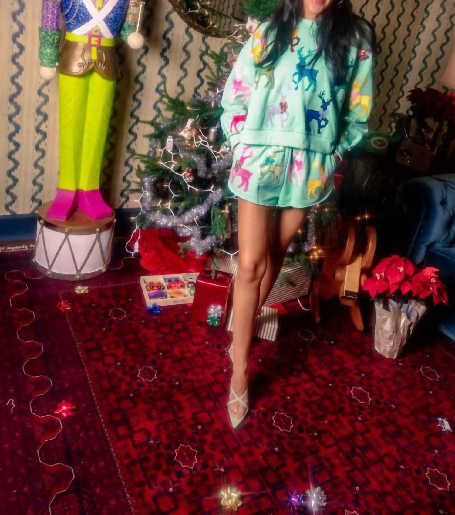 Velvet Reindeer & Bows Shorts In Mint Green