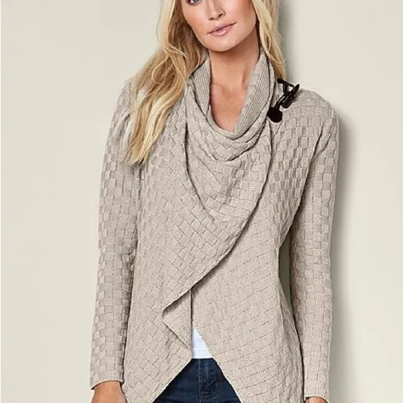 Venus Beige Tan Basket Weave Wrap Sweater with Toggle Closure NWT Size Small