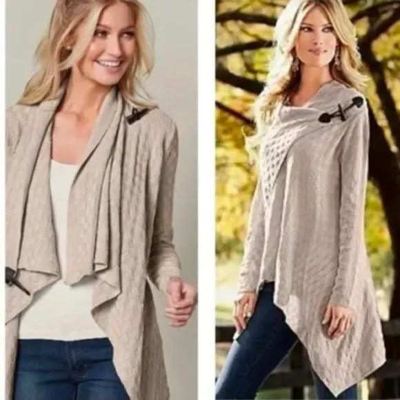 Venus Beige Tan Basket Weave Wrap Sweater with Toggle Closure NWT Size Small
