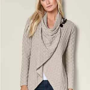 Venus Beige Tan Basket Weave Wrap Sweater with Toggle Closure NWT Size Small