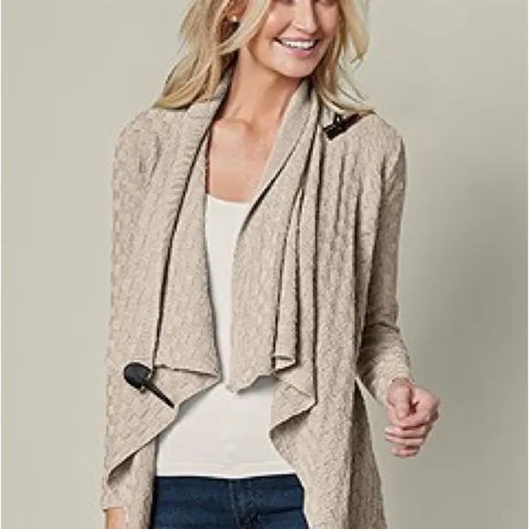 Venus Beige Tan Basket Weave Wrap Sweater with Toggle Closure NWT Size Small