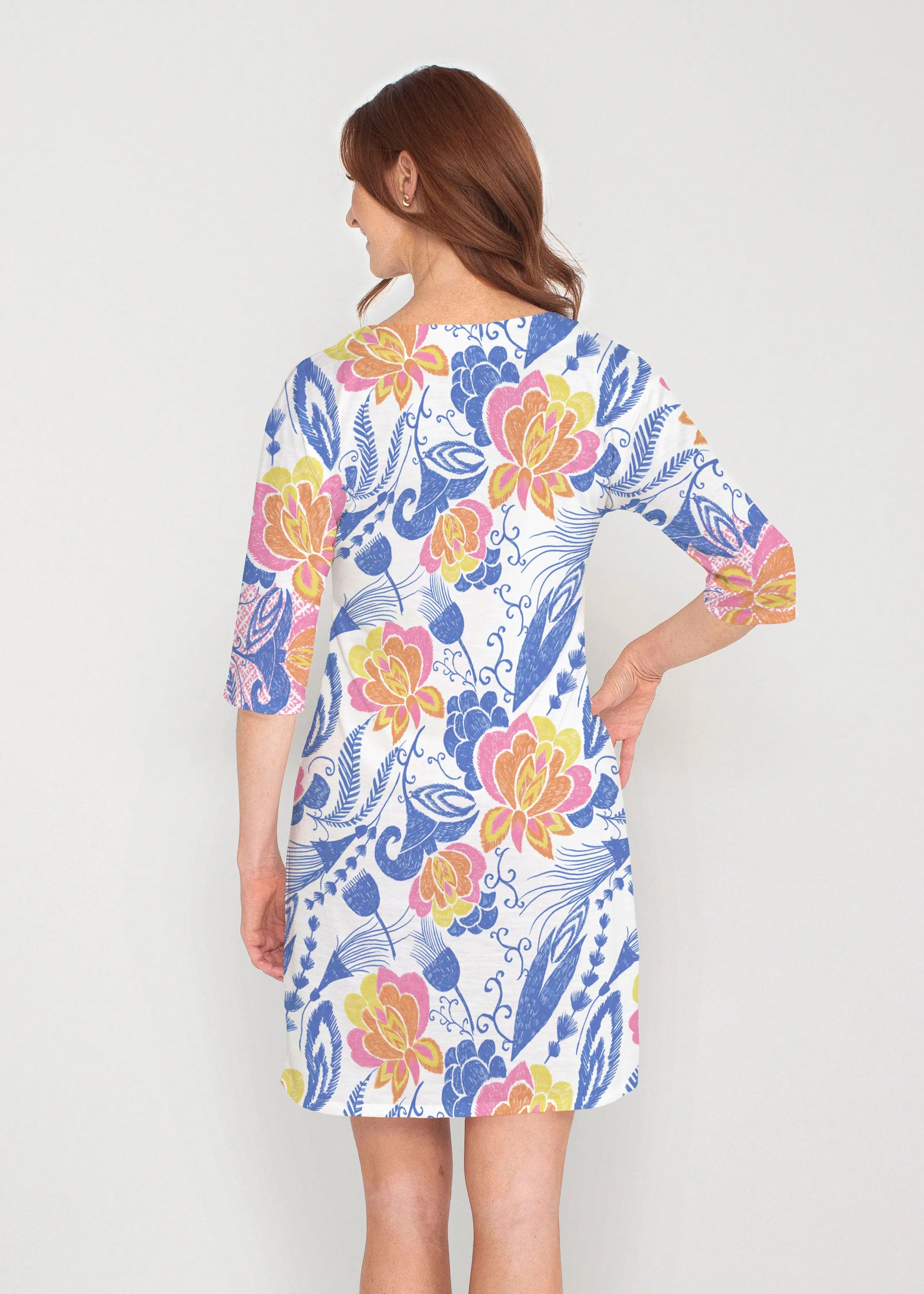 Vintage Blooms (8039) ~ Drop Shoulder 3/4 Sleeve V-Neck Dress
