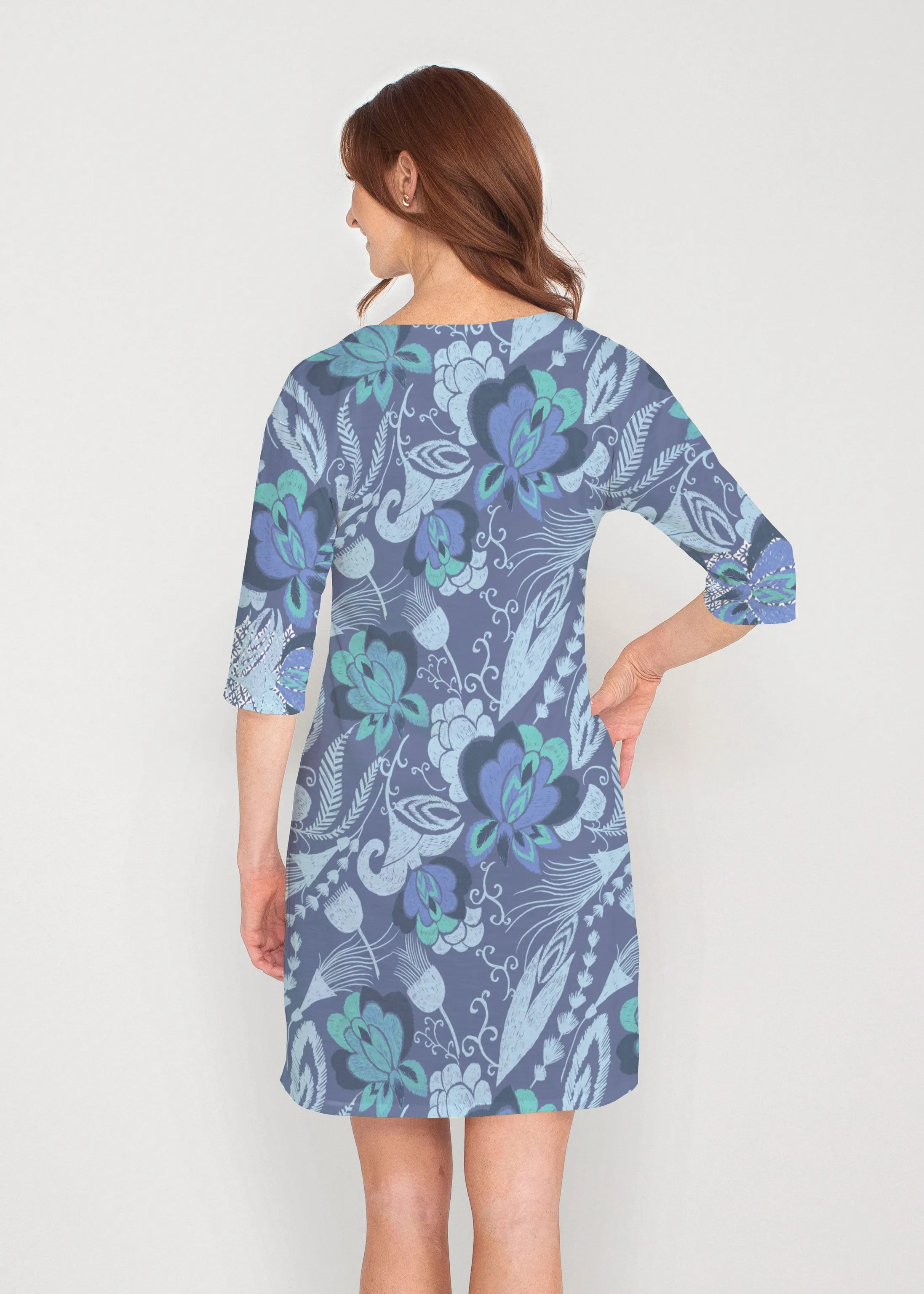Vintage Blooms Blue (8060) ~ Drop Shoulder 3/4 Sleeve V-Neck Dress
