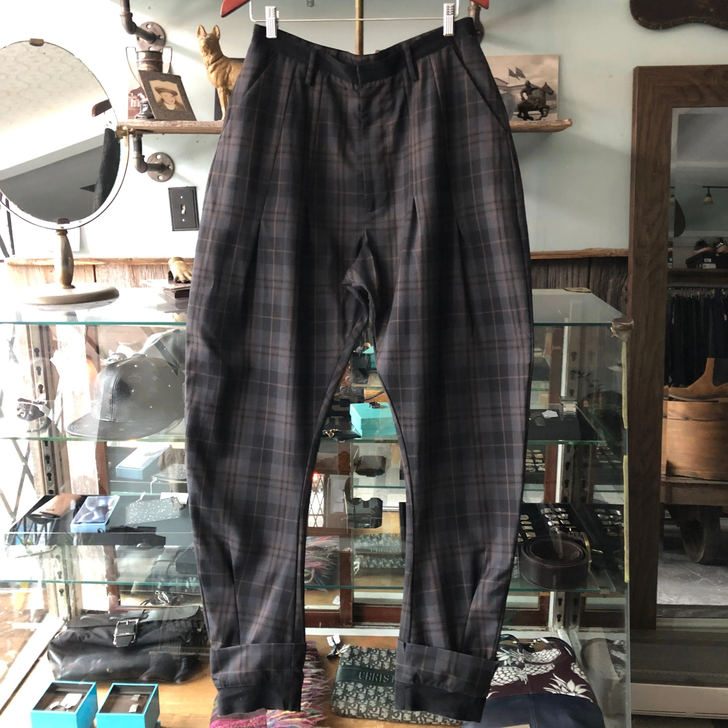 Vivienne Westwood Navy Grey and Brown Plaid Cropped Trousers - 32