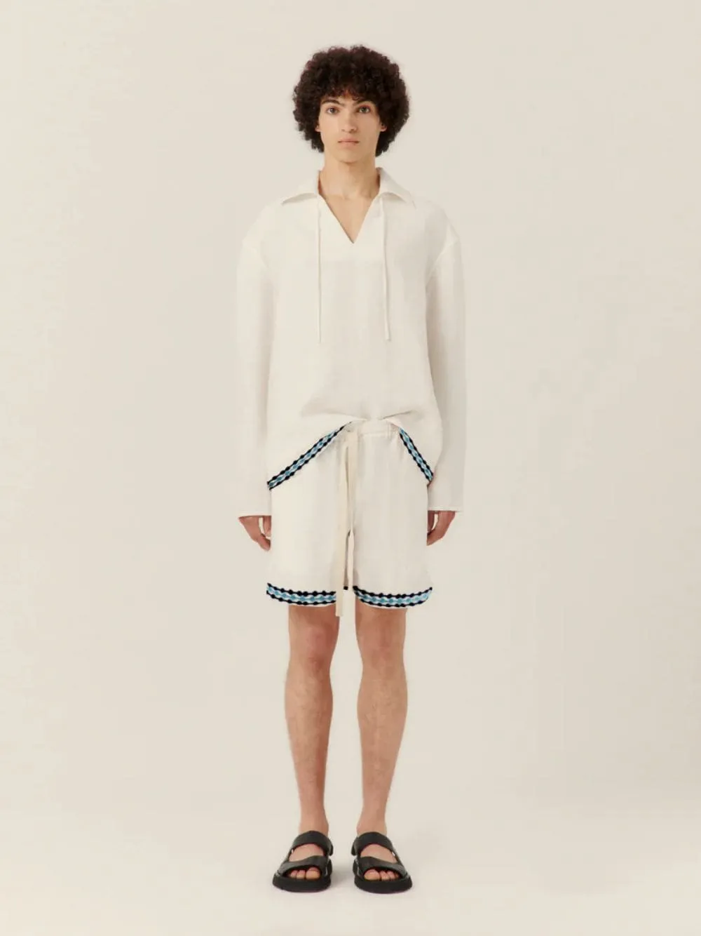 White Frequency Embroidered Resort Shorts