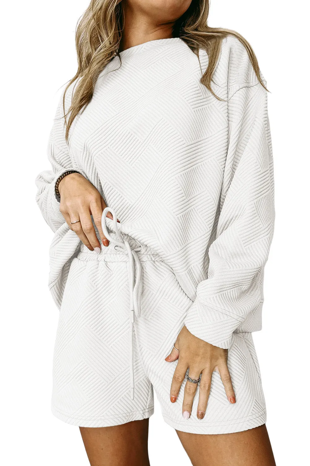 White Gray Textured Long Sleeve Top and Drawstring Shorts Set