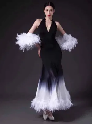 White Mint Green Feather Waltz Modern Ballroom Dance Dresses for Women Girls  Art Test National Standard Competition Foxtrot Smooth Dance Long Gown
