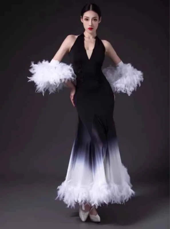 White Mint Green Feather Waltz Modern Ballroom Dance Dresses for Women Girls  Art Test National Standard Competition Foxtrot Smooth Dance Long Gown