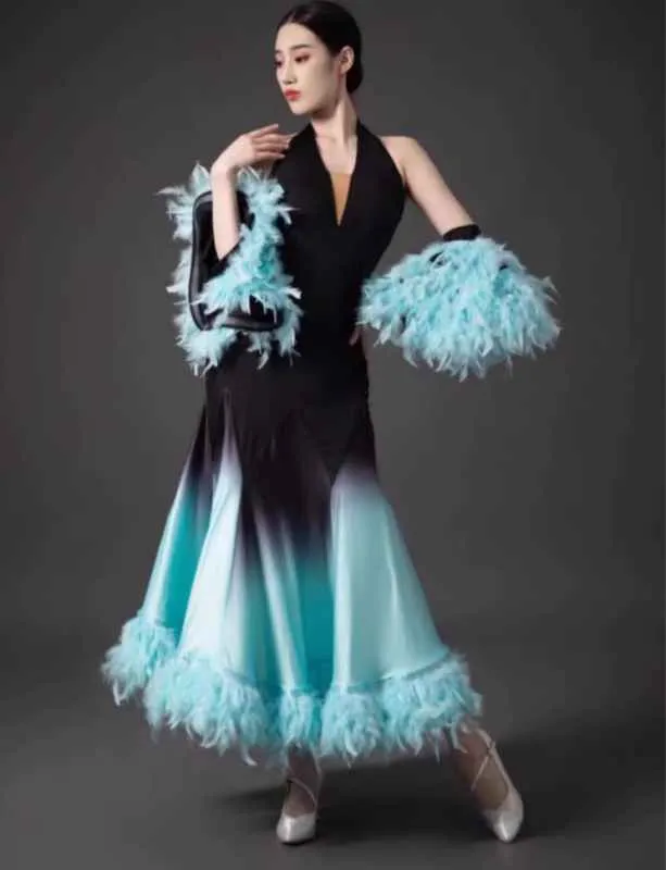 White Mint Green Feather Waltz Modern Ballroom Dance Dresses for Women Girls  Art Test National Standard Competition Foxtrot Smooth Dance Long Gown