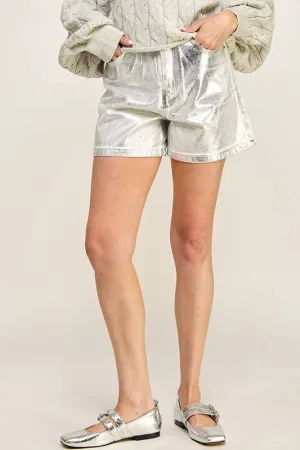 White Silver Mid Rise Foil Shorts