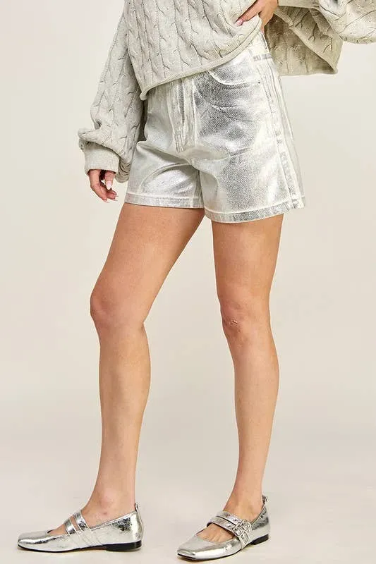 White Silver Mid Rise Foil Shorts