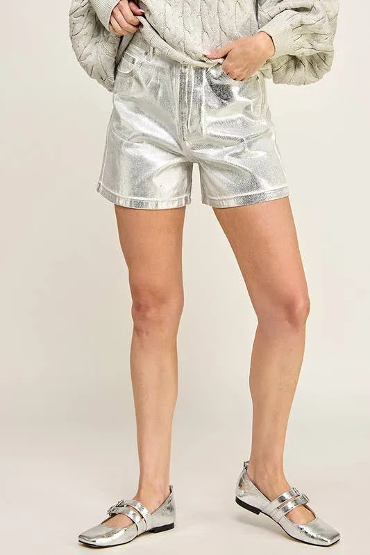White Silver Mid Rise Foil Shorts
