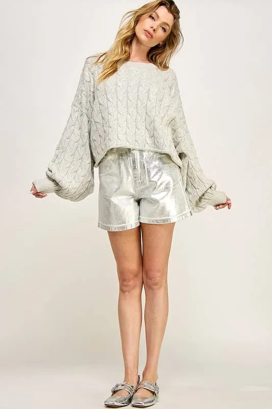 White Silver Mid Rise Foil Shorts