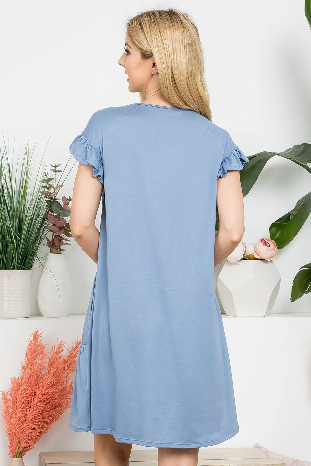 Wide Sleeve Elbow Shirring Detail Solid Dress