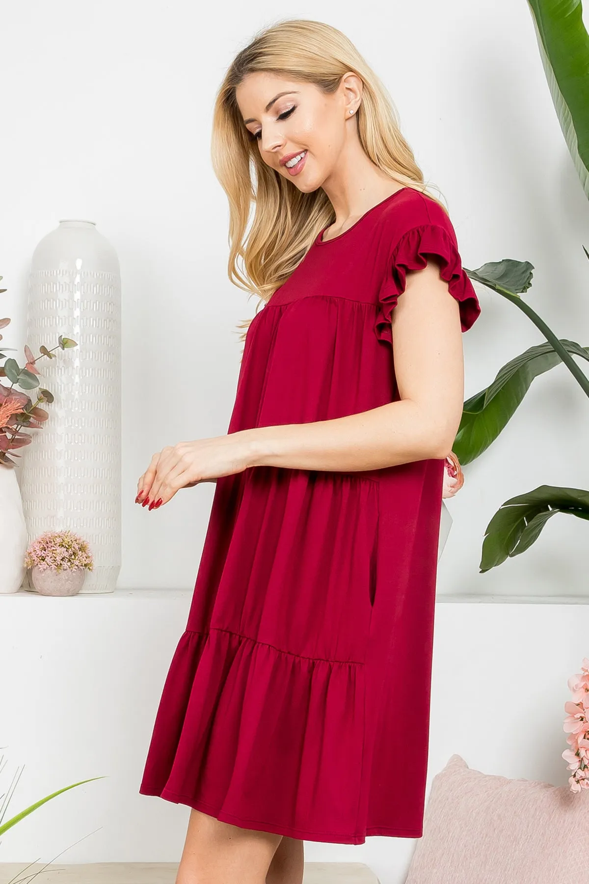 Wide Sleeve Elbow Shirring Detail Solid Dress