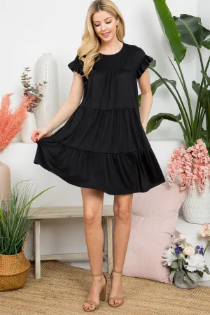 Wide Sleeve Elbow Shirring Detail Solid Dress
