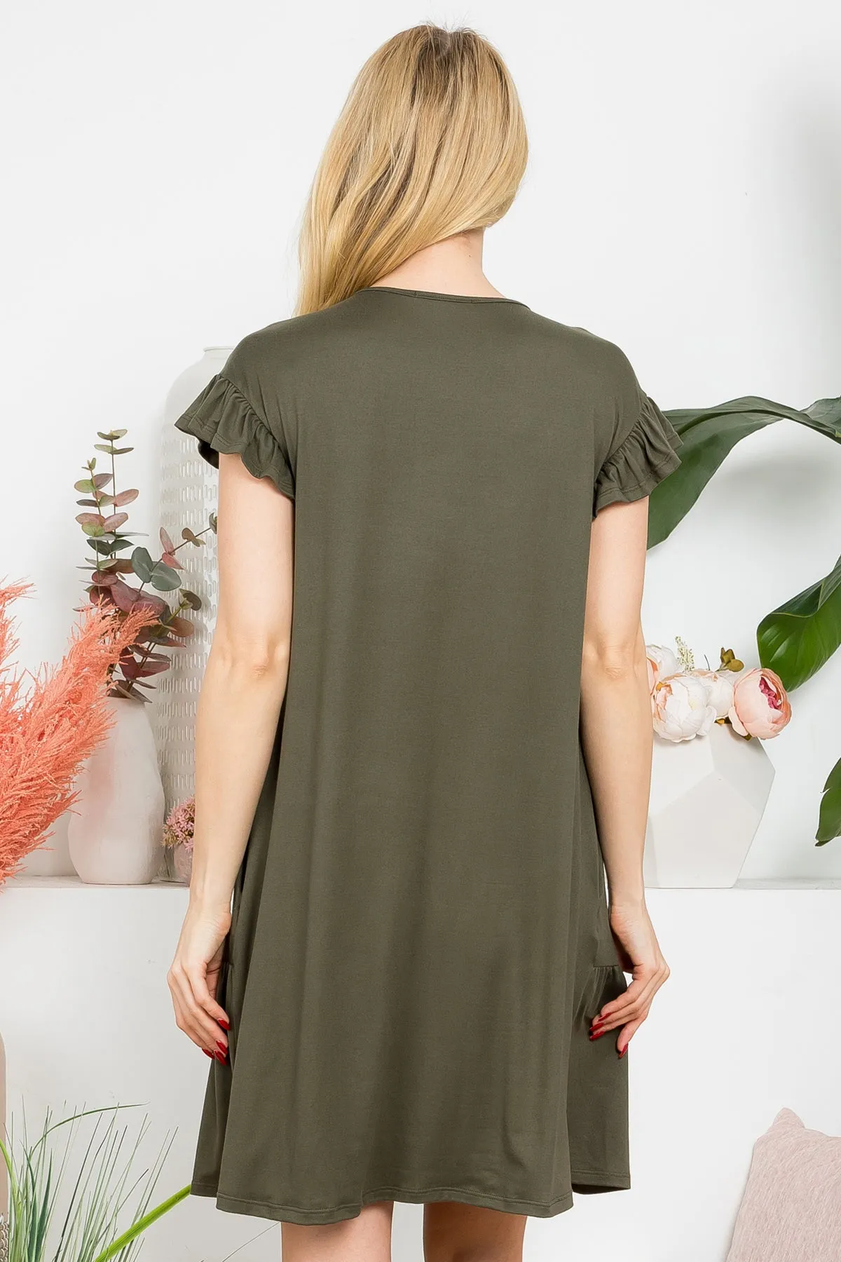 Wide Sleeve Elbow Shirring Detail Solid Dress