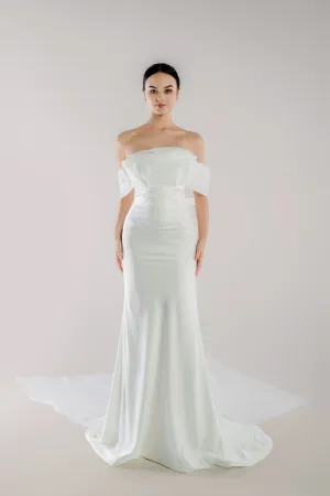 WL Bridal & Gown – Arwyn · Off-Shoulder Fit and Flare Wedding Dress with 3D Beading & Bow Train