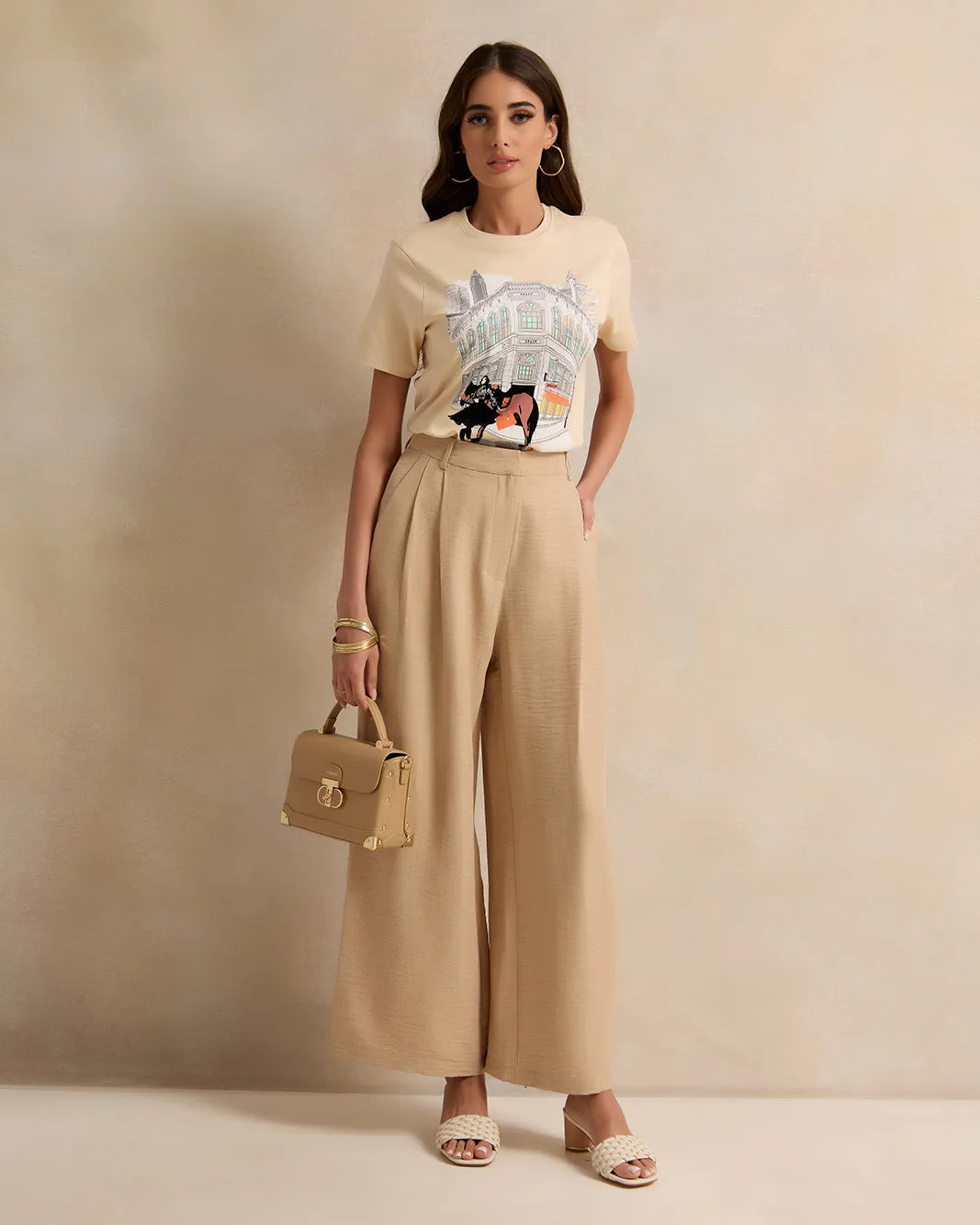 Women Beige Printed And Embroidered Short Sleeve T-Shirt