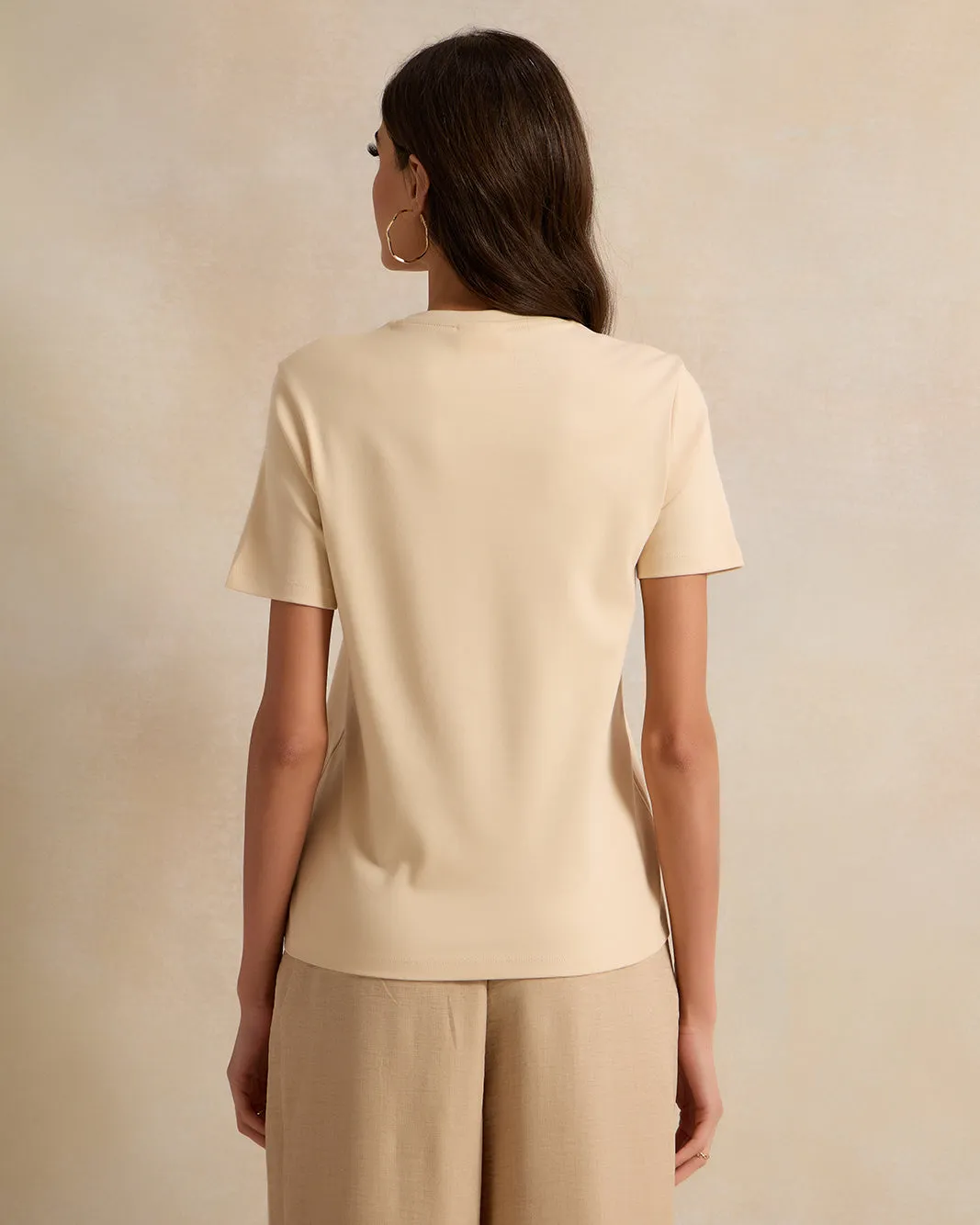 Women Beige Printed And Embroidered Short Sleeve T-Shirt