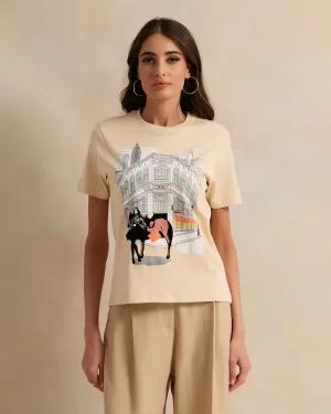 Women Beige Printed And Embroidered Short Sleeve T-Shirt