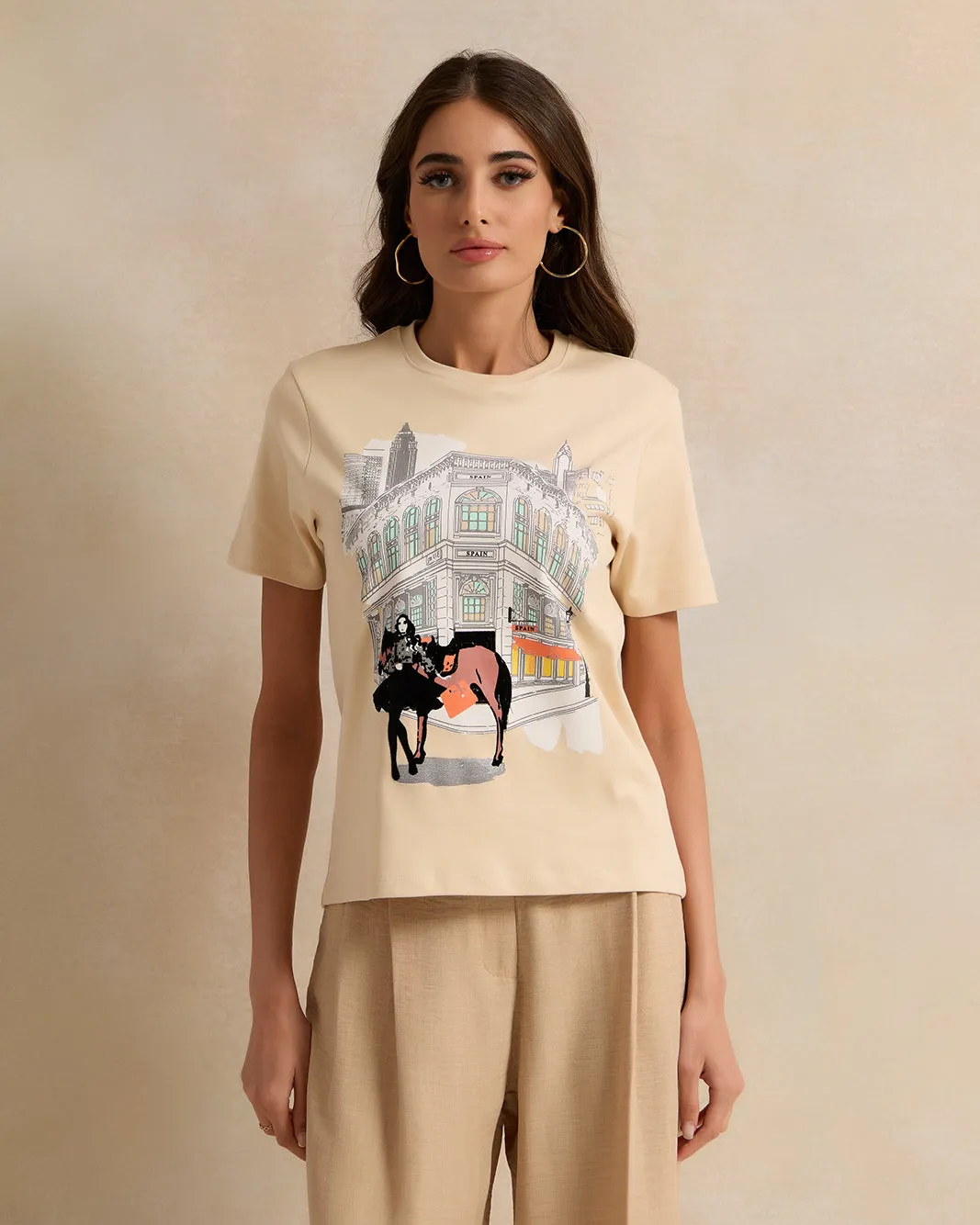 Women Beige Printed And Embroidered Short Sleeve T-Shirt